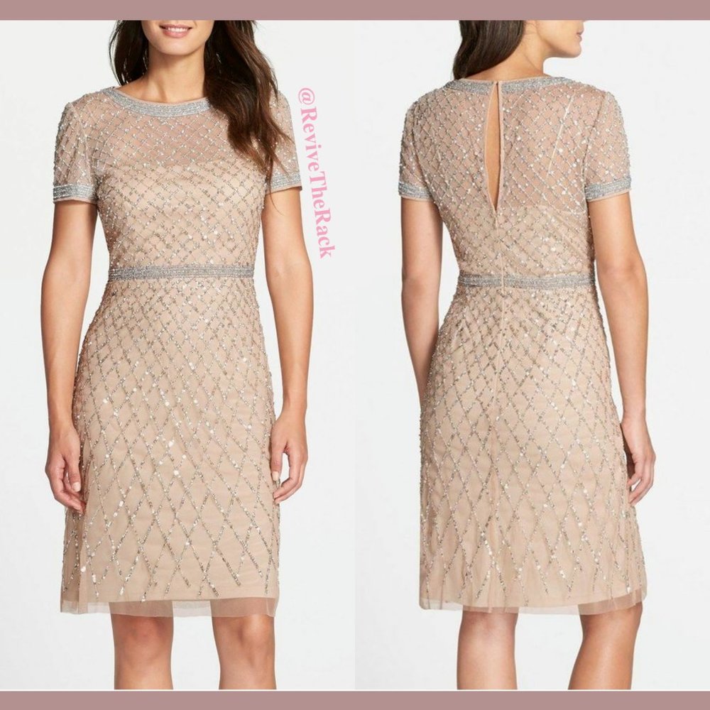 NEW $298 Adrianna Papell Woven Beaded Sheath‎ Dress in Champagne [SZ 2 ]